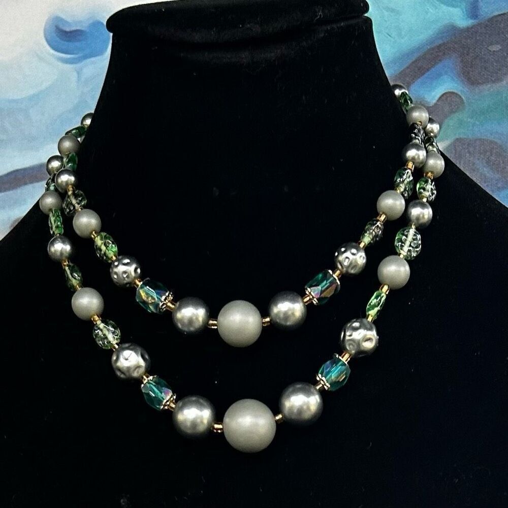 Vtg Japan Necklace 13" Green Gray Faux Pearl Crystals Double Strand Graduated